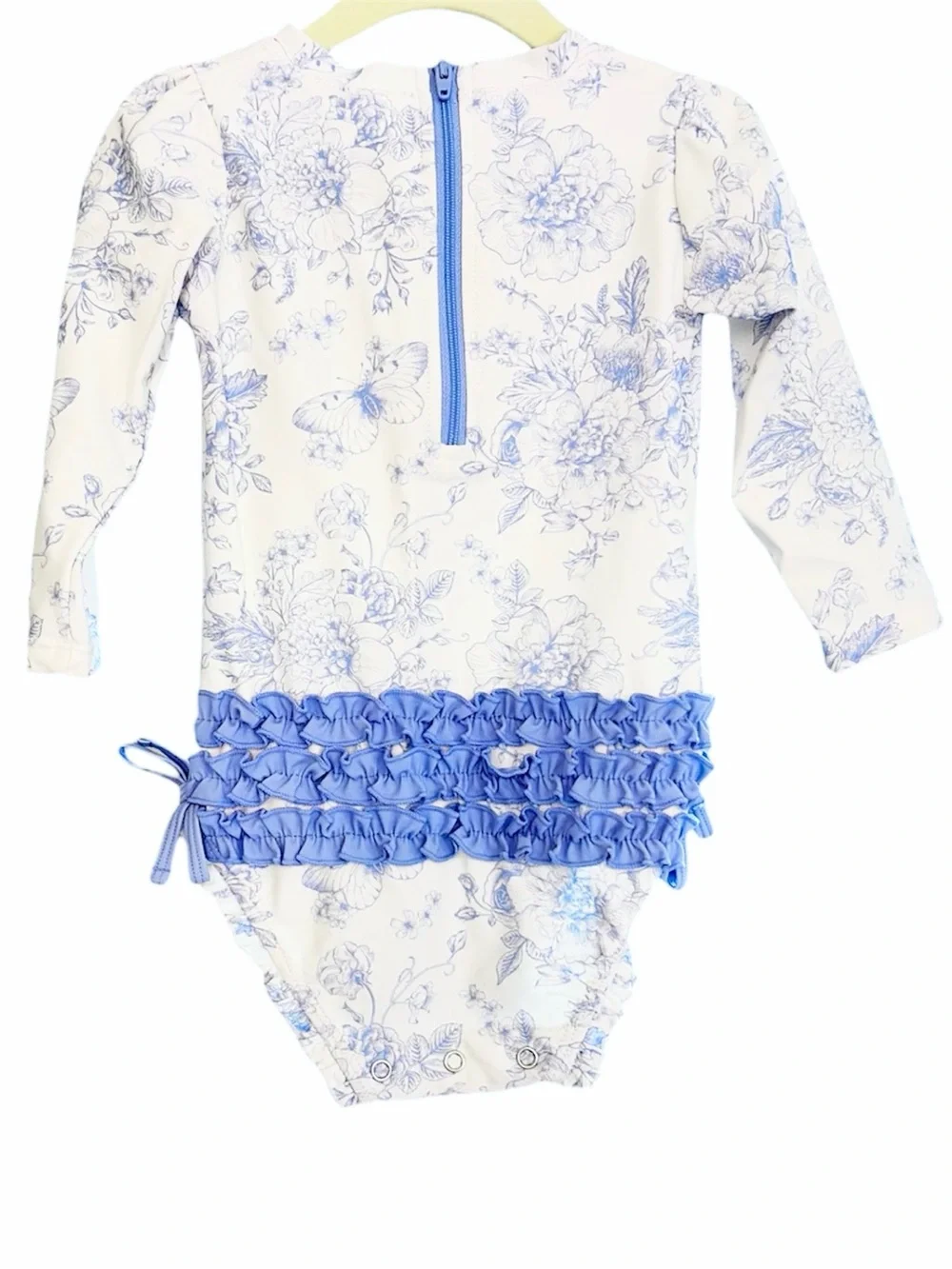 Ruffle Butts Swimsuit, Periwinkle Butterfly Garden Rash Guard One Piece Girl